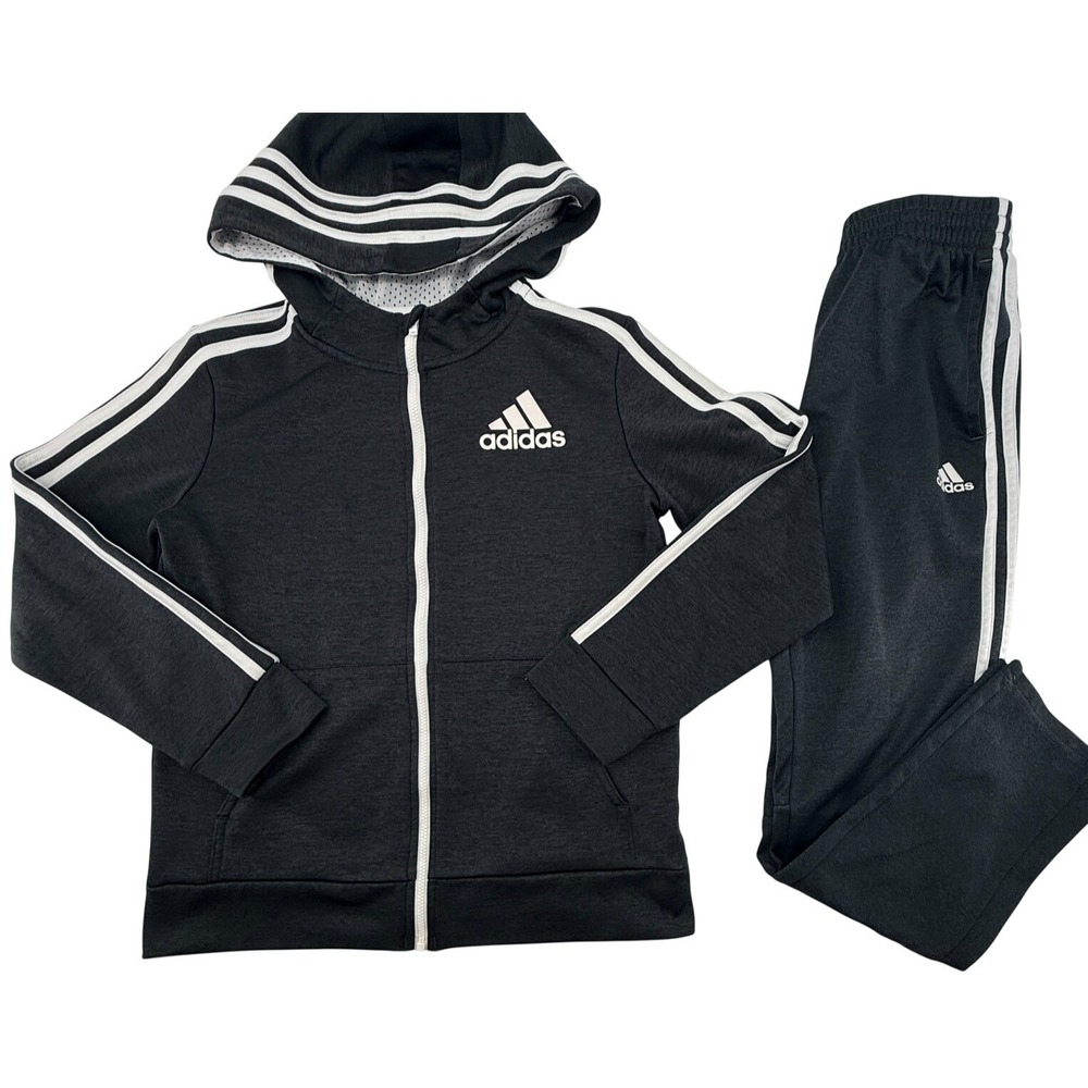 Adidas Youth M 10/12 Tracksuit Set Hoodie Joggers Black 3 Stripe